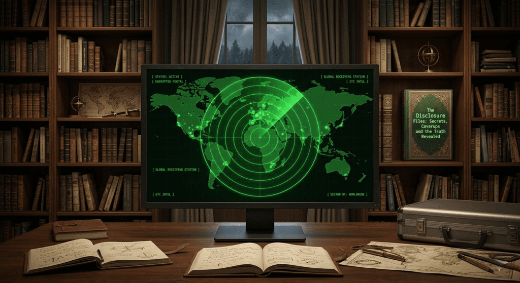 A front-facing global radar monitor in a secret research library with the book The Disclosure Files: Secrets, Coverups and the Truth Revealed on a shelf. Contact the Mothership