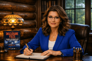 the voice from the north, Lisa Paron seated at a dark wooden desk in a log cabin wearing a royal blue suit and glasses, writing in a notebook beside her book The Disclosure Files under warm cinematic lighting