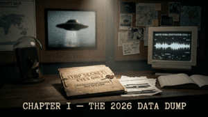 The Disclosure Files Chapter 1 — The 2026 Data Dump classified UAP investigation scene with top‑secret documents and redacted intelligence