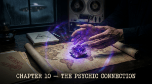 Official chapter banner for The Disclosure Files showing hands channeling energy over a glowing crystal, classified psychic research materials, and a nighttime UAP sighting outside the window