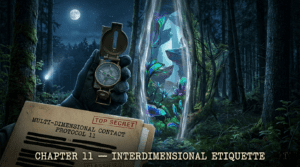 Official chapter banner for The Disclosure Files showing a compass‑guided approach toward a glowing dimensional portal, classified contact protocol documents, and a nighttime forest encounter