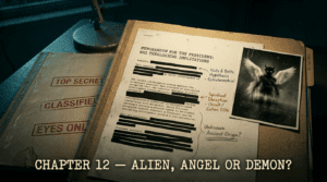 Official chapter banner for The Disclosure Files showing classified theological NHI documents, redacted presidential briefing notes, and a photo of a winged non‑human entity