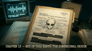 Official chapter banner for The Disclosure Files showing declassified dimensional‑origin documents, alien signature frequency analysis, and a sketch of a grey entity linked to interdimensional hypotheses