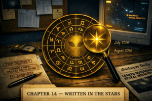 Official chapter banner for The Disclosure Files showing a golden zodiac wheel with an alien symbol, classified cosmic‑timing documents, and a star‑map interface tracking UAP anomalies