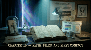 Official chapter banner for The Disclosure Files showing classified theological research files, an ancient book with spiritual notes, a crucifix under glass, and intelligence data linking faith to first‑contact scenarios