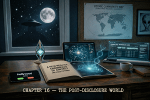 Official chapter banner for The Disclosure Files showing futuristic contact‑era technology, holographic cosmic data, interspecies communication screens, and a nighttime UAP hovering outside the window