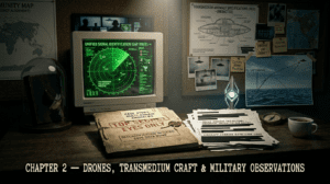 Official chapter banner for The Disclosure Files showing radar tracking, transmedium UAP trajectories, top‑secret military documents, and the 2026 multi‑domain anomaly investigation