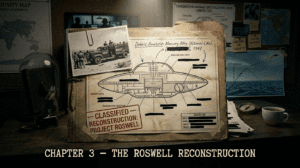 Official chapter banner for The Disclosure Files showing classified Roswell reconstruction documents, debris analysis schematics, historical RAAF photographs, and 1947 non‑human craft investigation notes