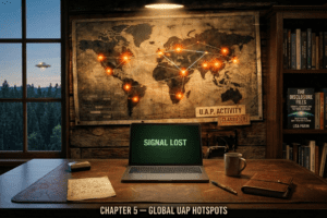Official chapter banner for The Disclosure Files showing a global UAP activity map, classified hotspot markers, a laptop displaying signal loss, and field notes from worldwide sightings
