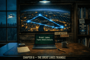 Official chapter banner for The Disclosure Files showing the Great Lakes Triangle map, classified UAP activity markers, signal pattern analysis, and a nighttime sighting outside the research room
