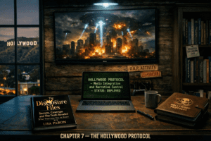 Official chapter banner for The Disclosure Files showing Hollywood Protocol documents, media‑control directives, a UFO attack scene on a studio monitor, and classified UAP activity inside a Hollywood office