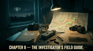 Official chapter banner for The Disclosure Files showing an investigator’s desk with field tools, observation logs, UAP trajectory notes, and nighttime sightings outside the window