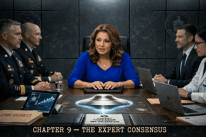 Official chapter banner for The Disclosure Files showing a high‑level briefing with military officials, scientific experts, and a holographic NHI validation display during a classified UAP consensus meeting